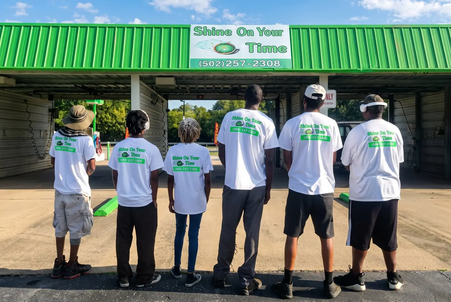 The Shine On Your Time crew in branded shirts outside the Shelbyville wash bays