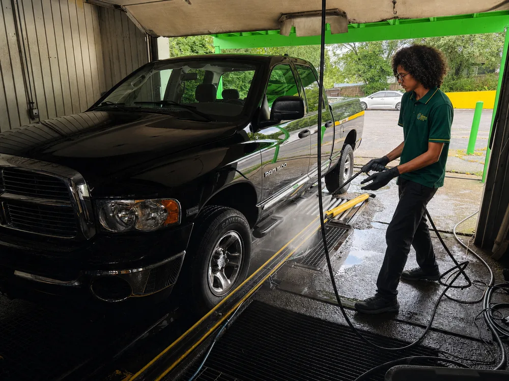 A Shine On Your Time crew member washing a pickup by hand in the bay