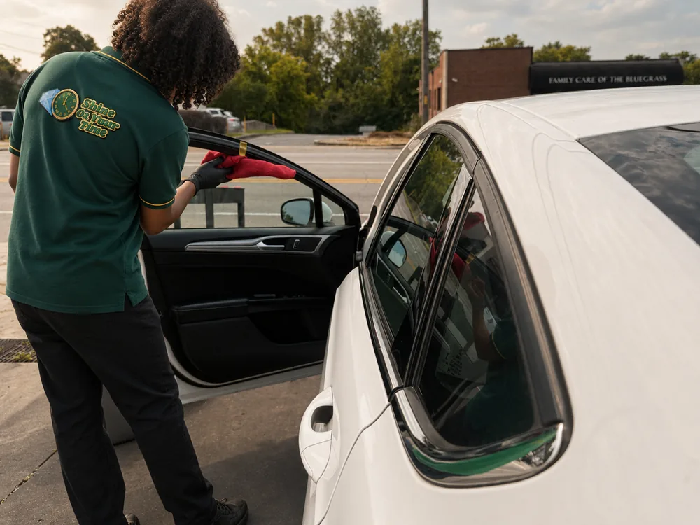 A crew member drying a white sedan's door frame with a microfiber towel
