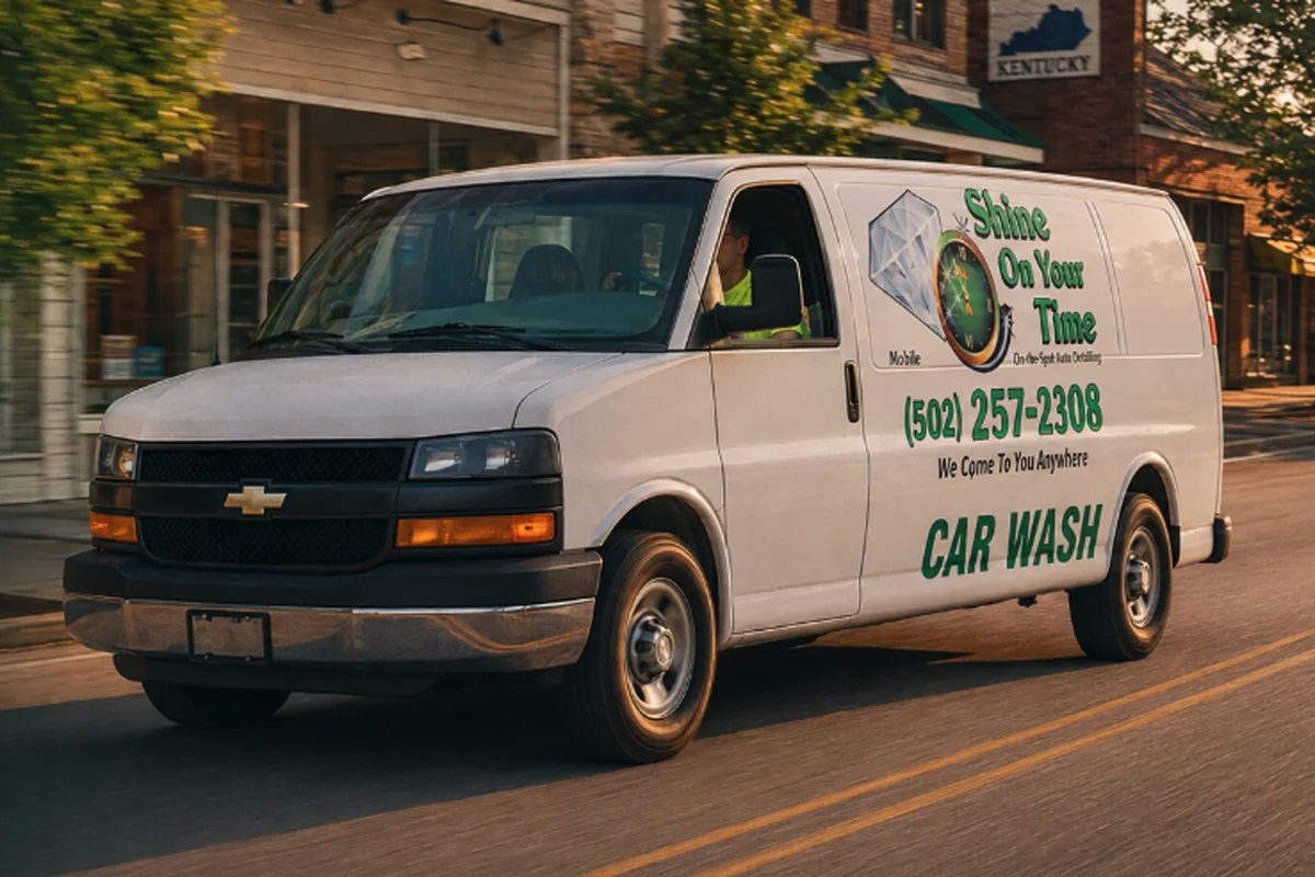 The Shine On Your Time mobile detailing van driving through downtown Shelbyville, Kentucky
