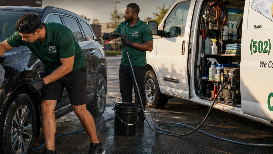 Two detailers working on an SUV beside the Shine On Your Time mobile van