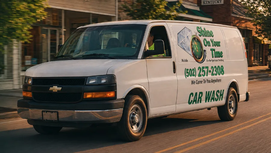The Shine On Your Time mobile detailing van on the road in Shelbyville, Kentucky