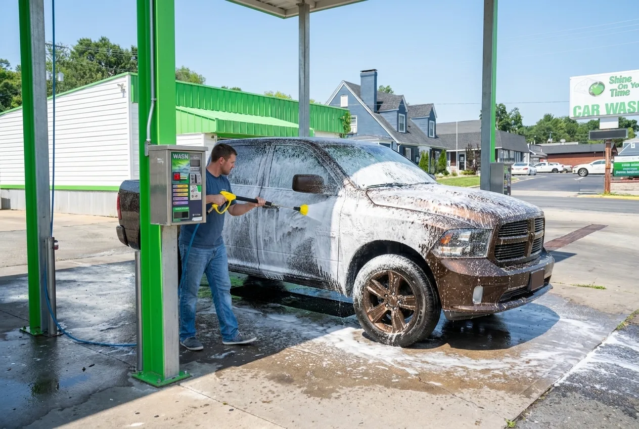 A customer washing his own truck in a self-serve bay