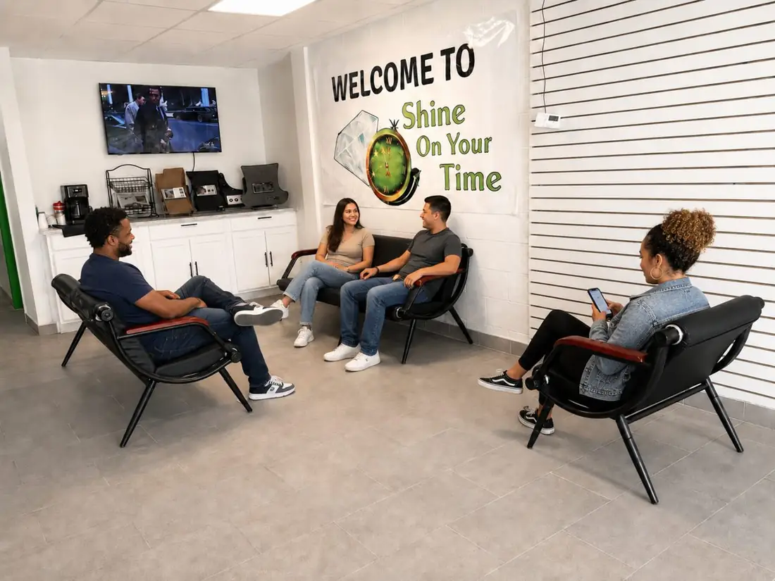 Customers waiting in the Shine On Your Time lounge under the welcome mural