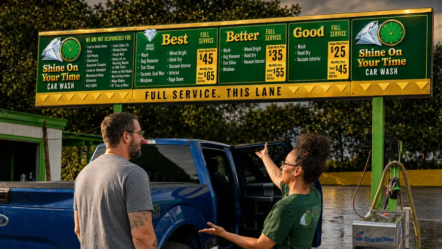 A team member walking a customer through the wash menu board