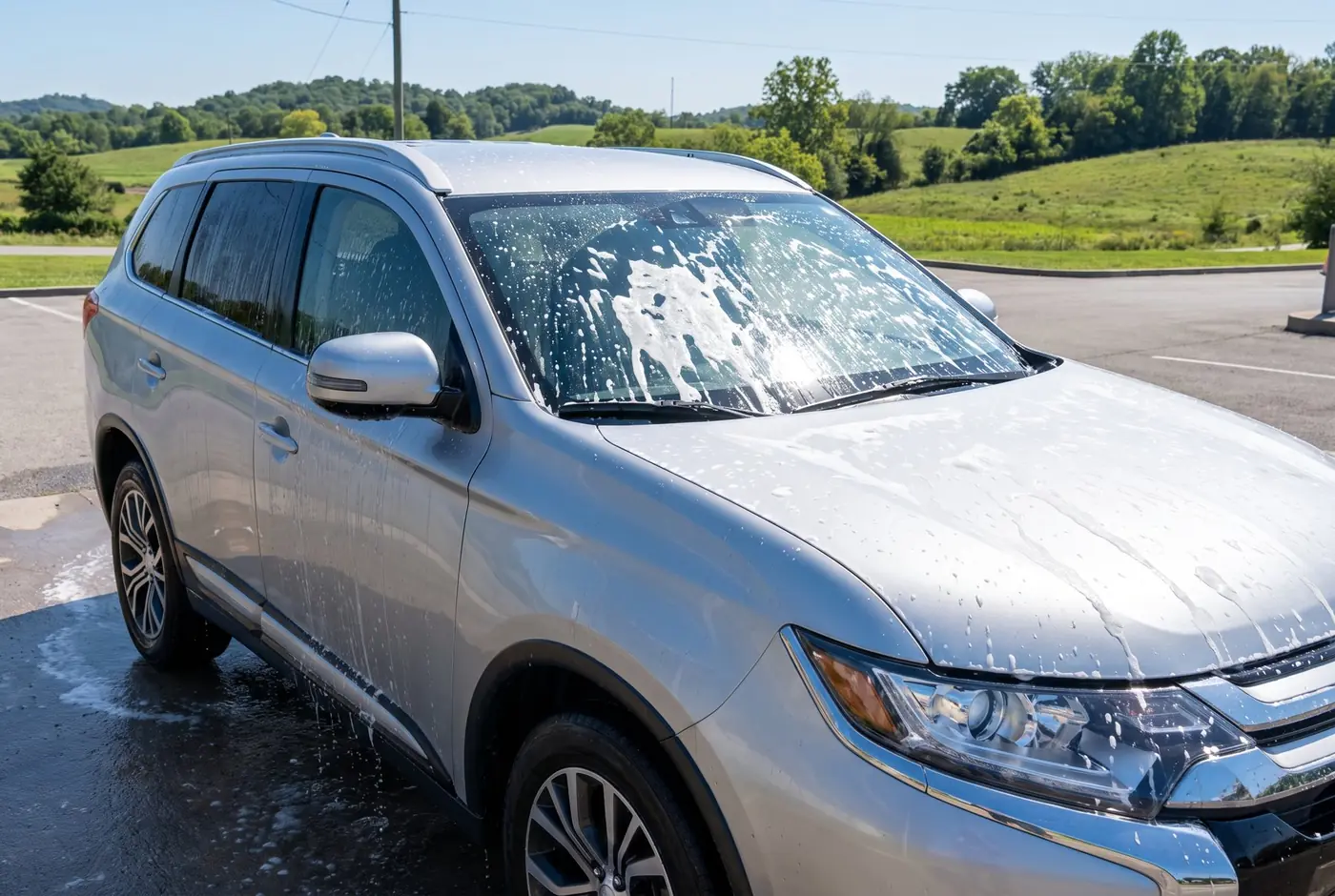 A vehicle covered in soap during a hand wash