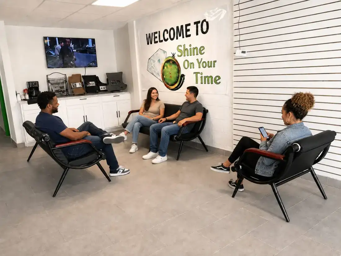 Customers relaxing in the Shine On Your Time waiting lounge under the welcome mural in Shelbyville, Kentucky