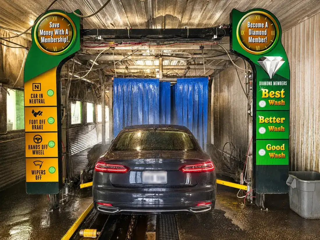 A black sedan entering the soft-touch tunnel car wash at Shine On Your Time, 594 E Main St, Frankfort, KY
